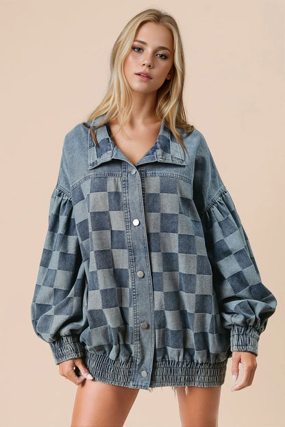 Double Take Checkered Button Up Denim Jacket-Nordavory