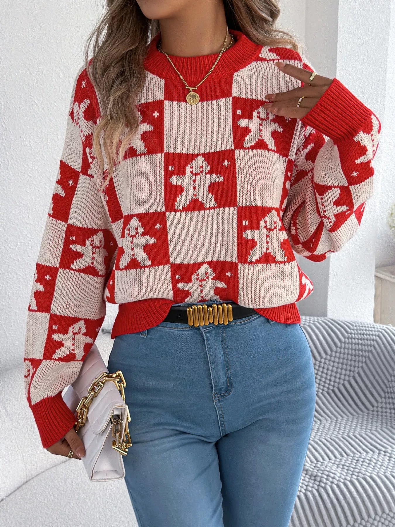 Christmas Checkerboard Gingerbread Round Neck Sweater-Nordavory