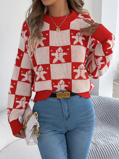 Christmas Checkerboard Gingerbread Round Neck Sweater-Nordavory