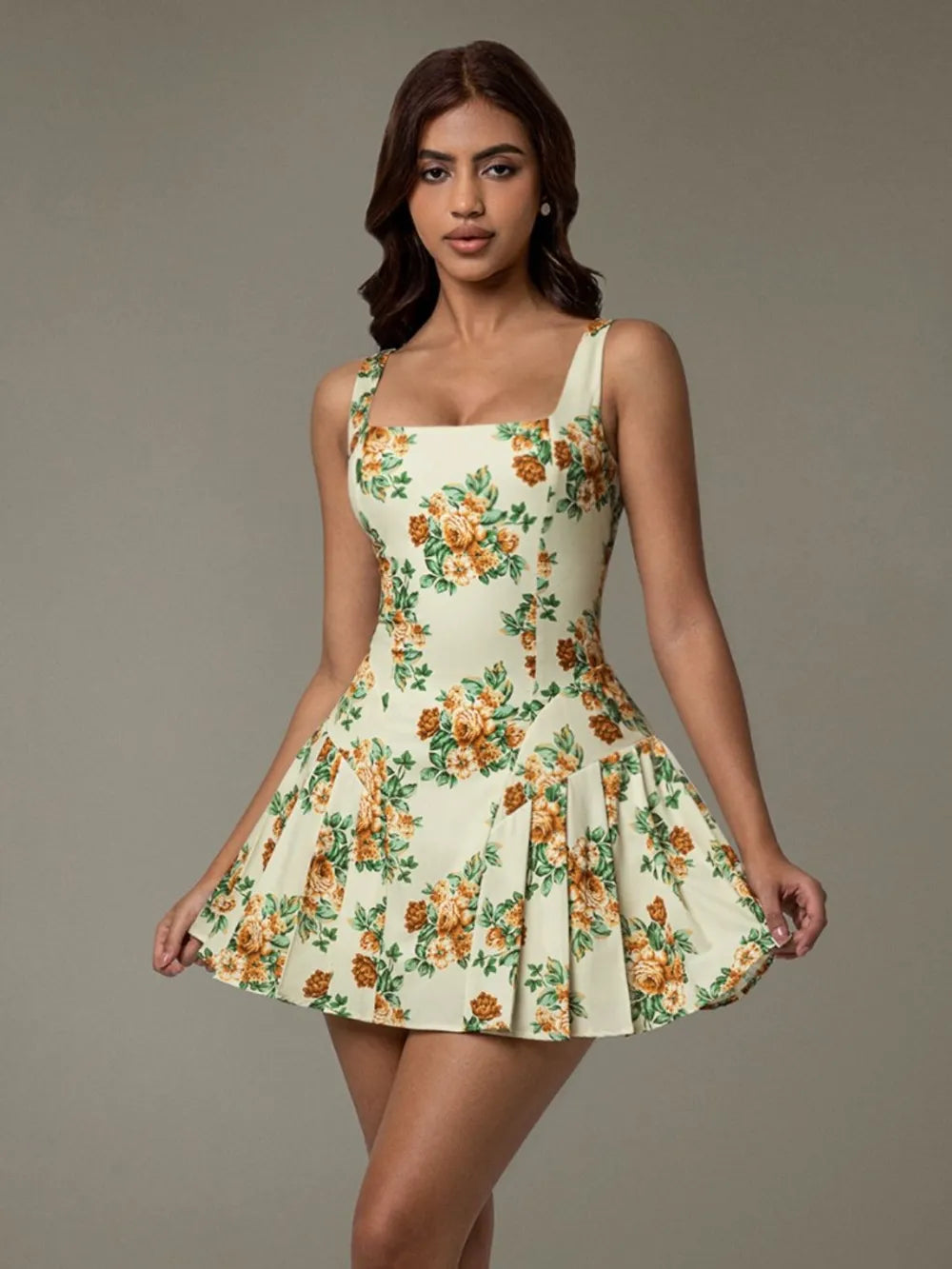 Floral Sleeveless Mini Pleated Dress-Nordavory