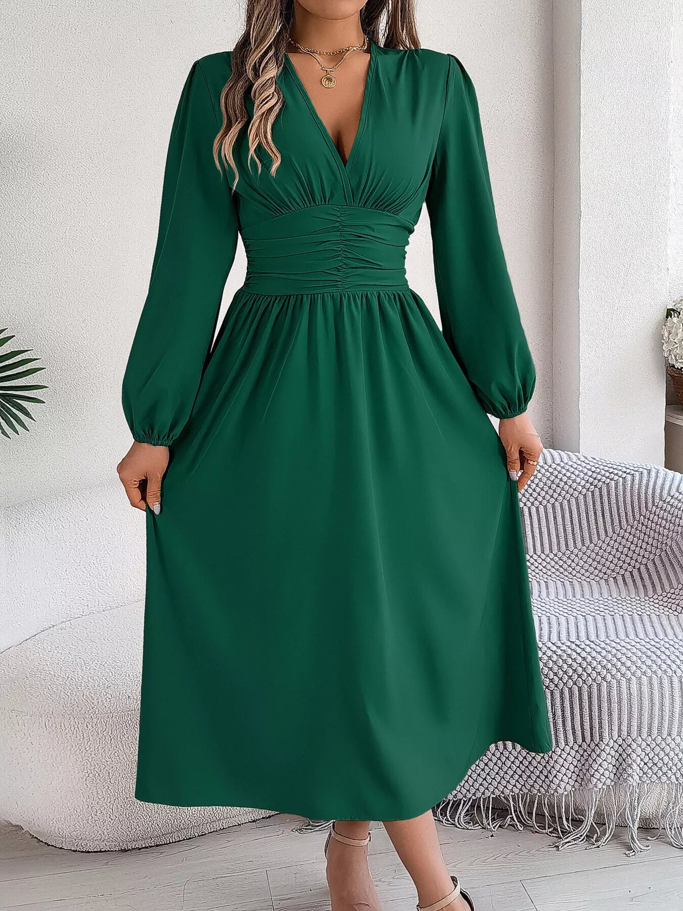 Slit Balloon Sleeve Midi Dress-Nordavory