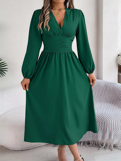Slit Balloon Sleeve Midi Dress-Nordavory
