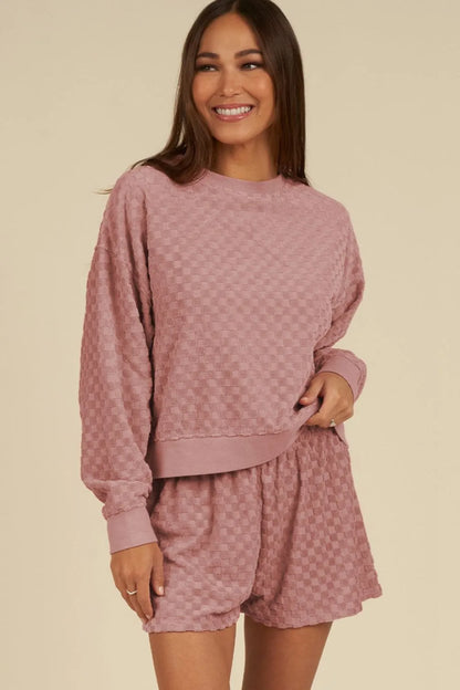 Round Neck Long Sleeve Checkered Top and Shorts Set-Nordavory