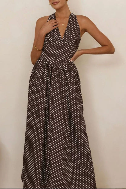 Backless Polka Dot Halter Neck Maxi Dress-Nordavory
