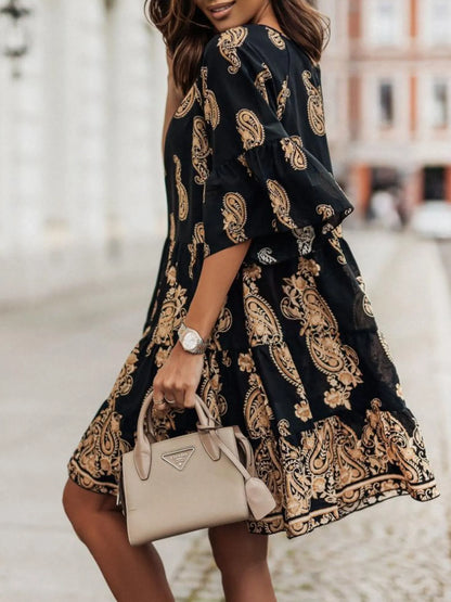 Paisley Print Tie Neck Half Sleeve Mini Dress-Nordavory