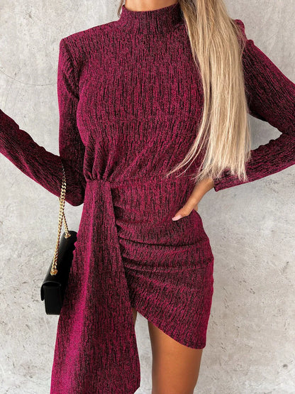 Heathered Mock Neck Long Sleeve Mini Dress-Nordavory