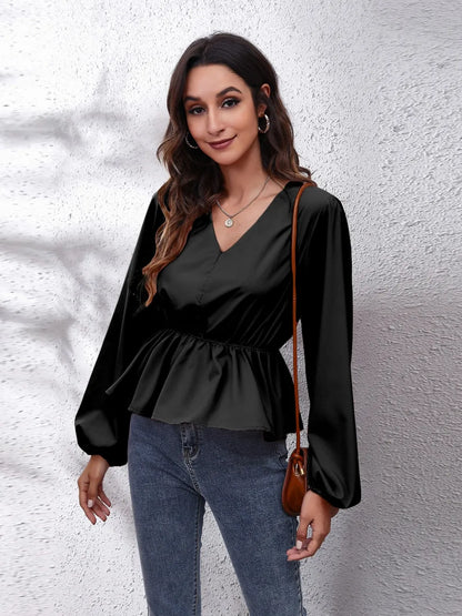 V-Neck Balloon Sleeve Peplum Blouse-Nordavory