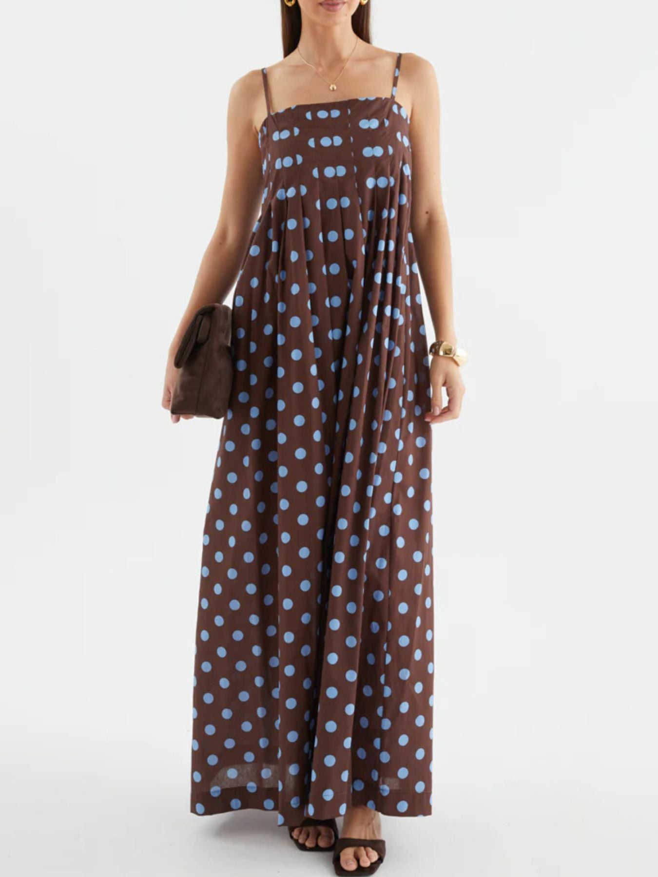 Polka Dot Pleated Detail Maxi Dress-Nordavory