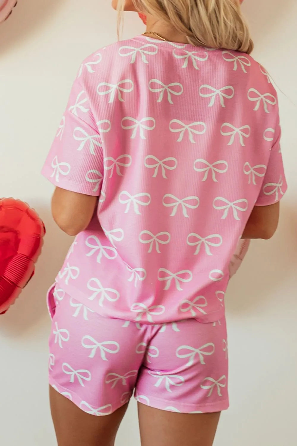 Bowknot Printed Notched T-Shirt and Shorts Set-Nordavory