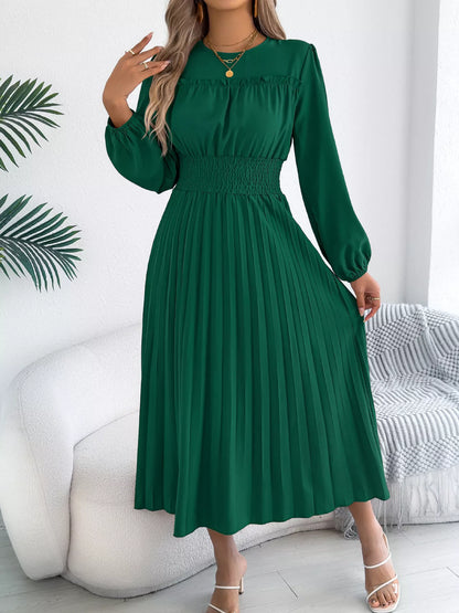 Smocked Pleated Long Sleeve Midi Dress-Nordavory