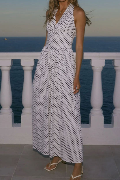 Backless Polka Dot Halter Neck Maxi Dress-Nordavory