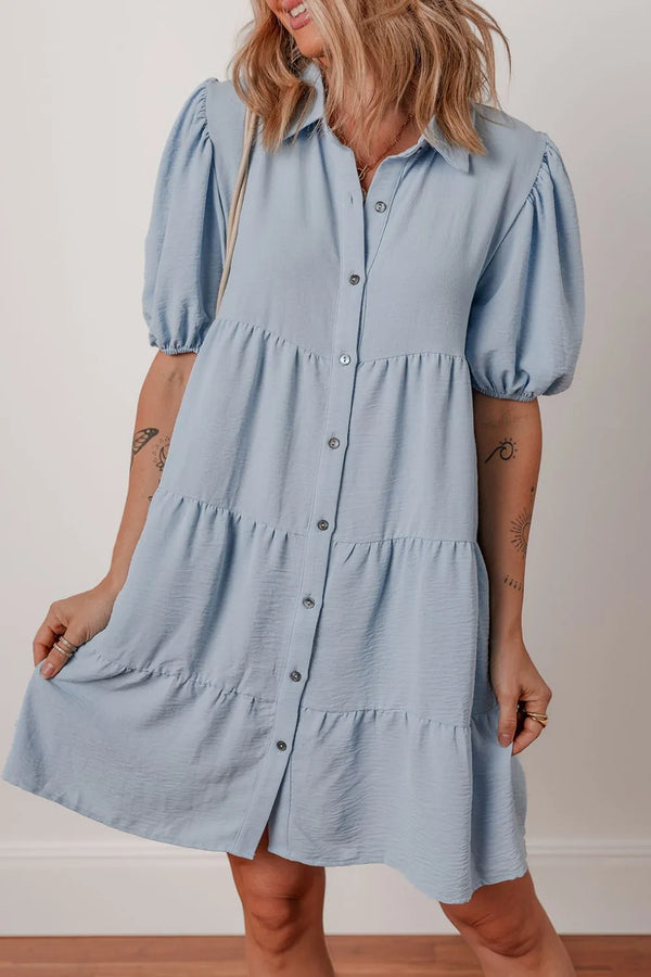 Button Up Puff Sleeve Tiered Shirt Dress-Nordavory
