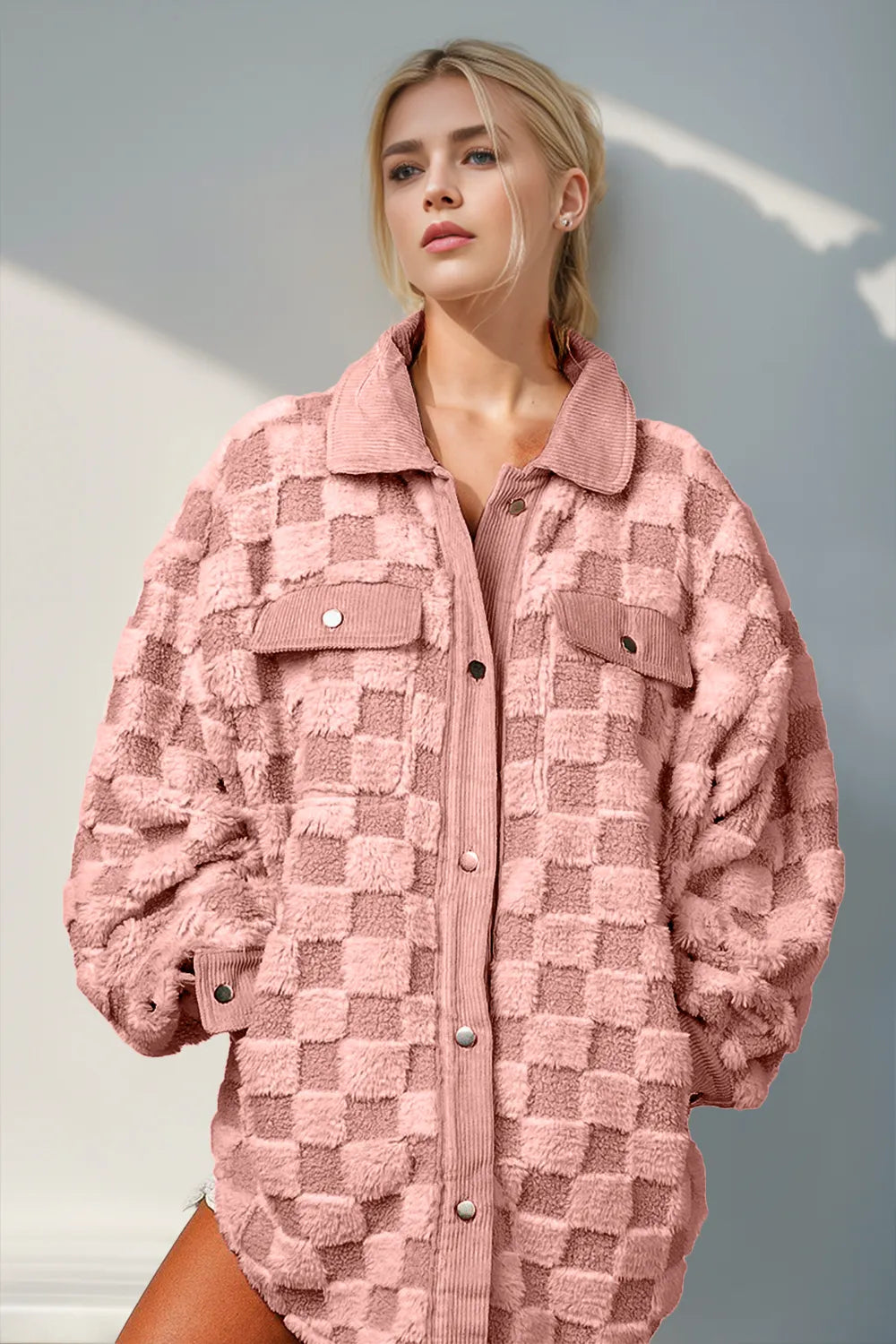 Double Take Button Up Fuzzy Checkered Shacket-Nordavory