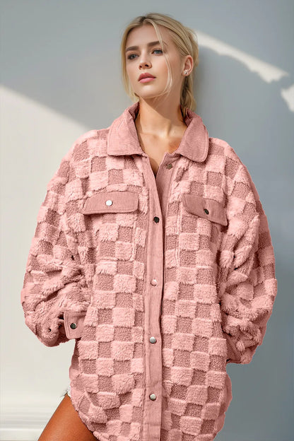 Double Take Button Up Fuzzy Checkered Shacket-Nordavory