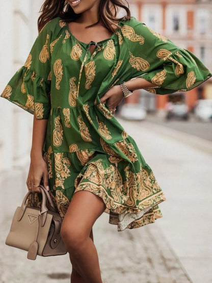 Paisley Print Tie Neck Half Sleeve Mini Dress-Nordavory
