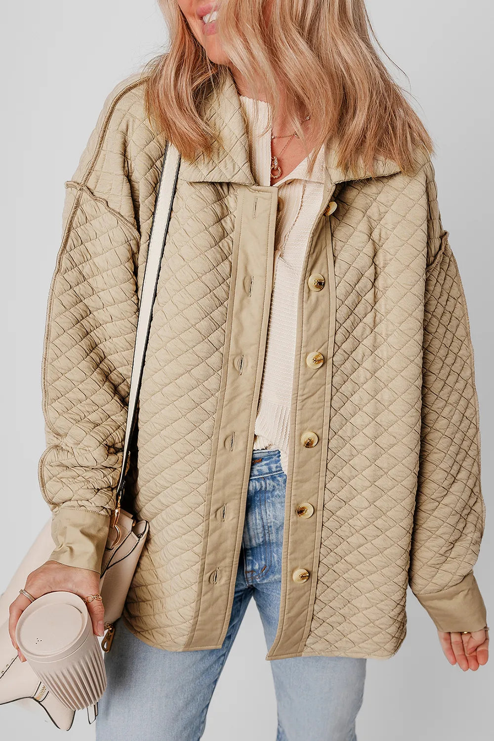 Exposed Seam Collared Neck Button Up Shacket-Nordavory