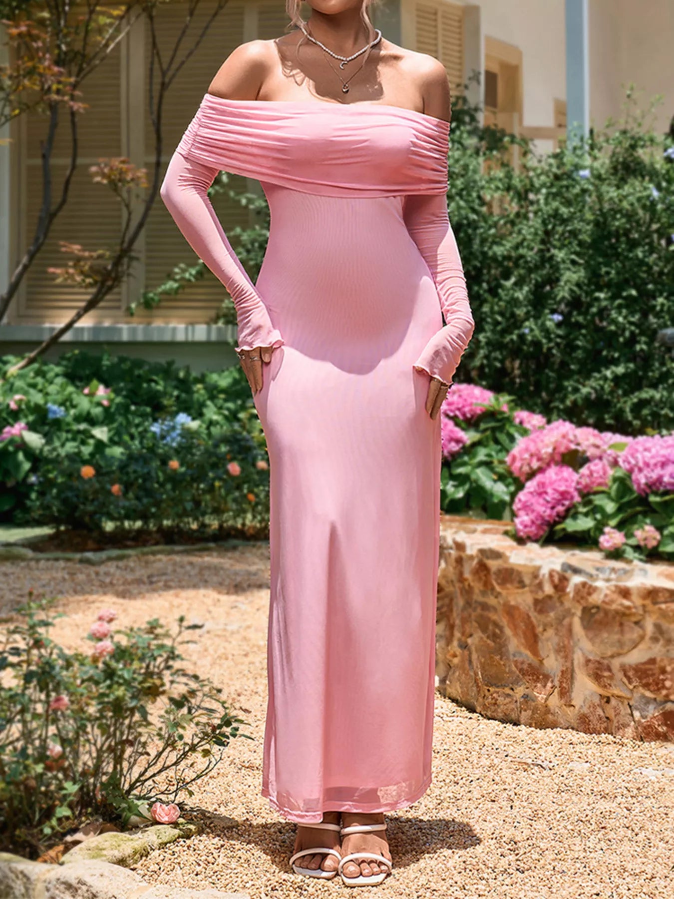 Off-Shoulder Ruched Long Sleeve Maxi Dress-Nordavory