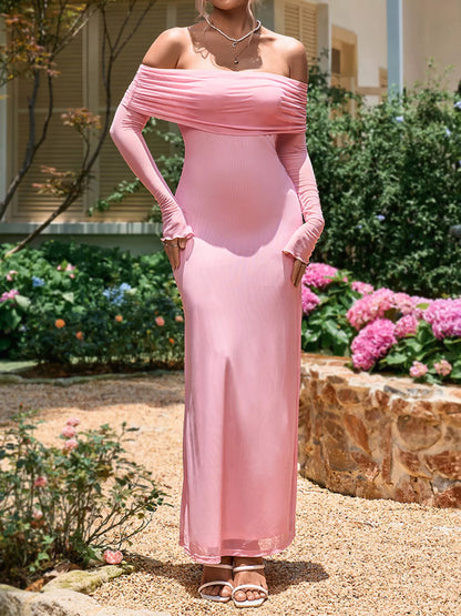 Off-Shoulder Ruched Long Sleeve Maxi Dress-Nordavory
