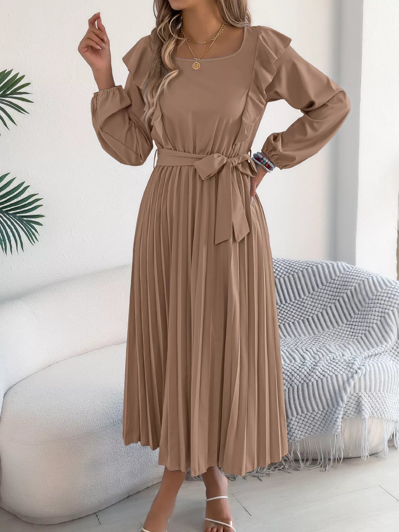 Ruffle Trim Pleated A-Line Midi Dress-Nordavory
