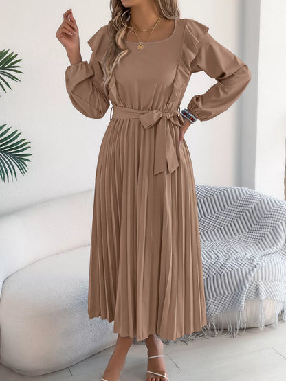 Ruffle Trim Pleated A-Line Midi Dress-Nordavory