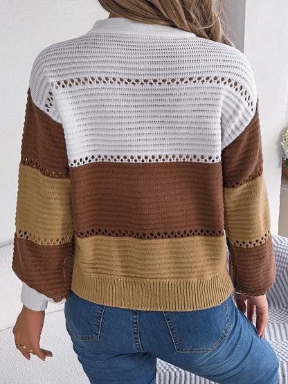 Color Block Striped V-Neck Button Detail Sweater-Nordavory