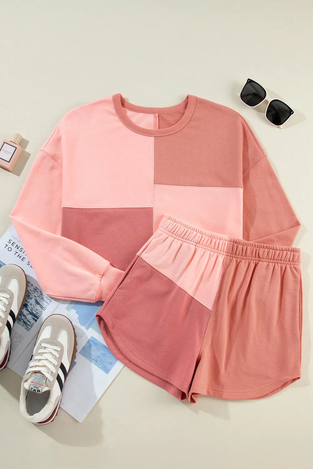 Color Block Round Neck Top and Shorts Set-Nordavory