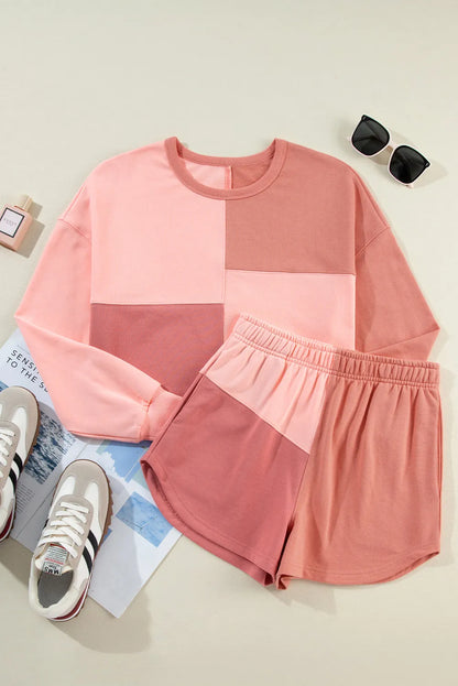 Color Block Round Neck Top and Shorts Set-Nordavory