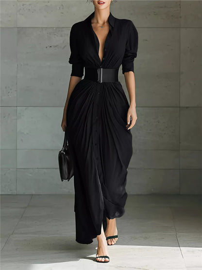 Full Size Button Front Ruched Shirt Maxi Dress Plus Size-Nordavory