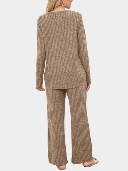 Round Neck Long Sleeve Top and Pants Set-Nordavory