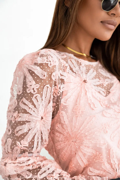 Flower Dotted Ruffled Sleeve Mesh Top-Nordavory