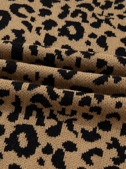 Ribbed Trim Round Neck Leopard Drop Shoulder Sweater-Nordavory