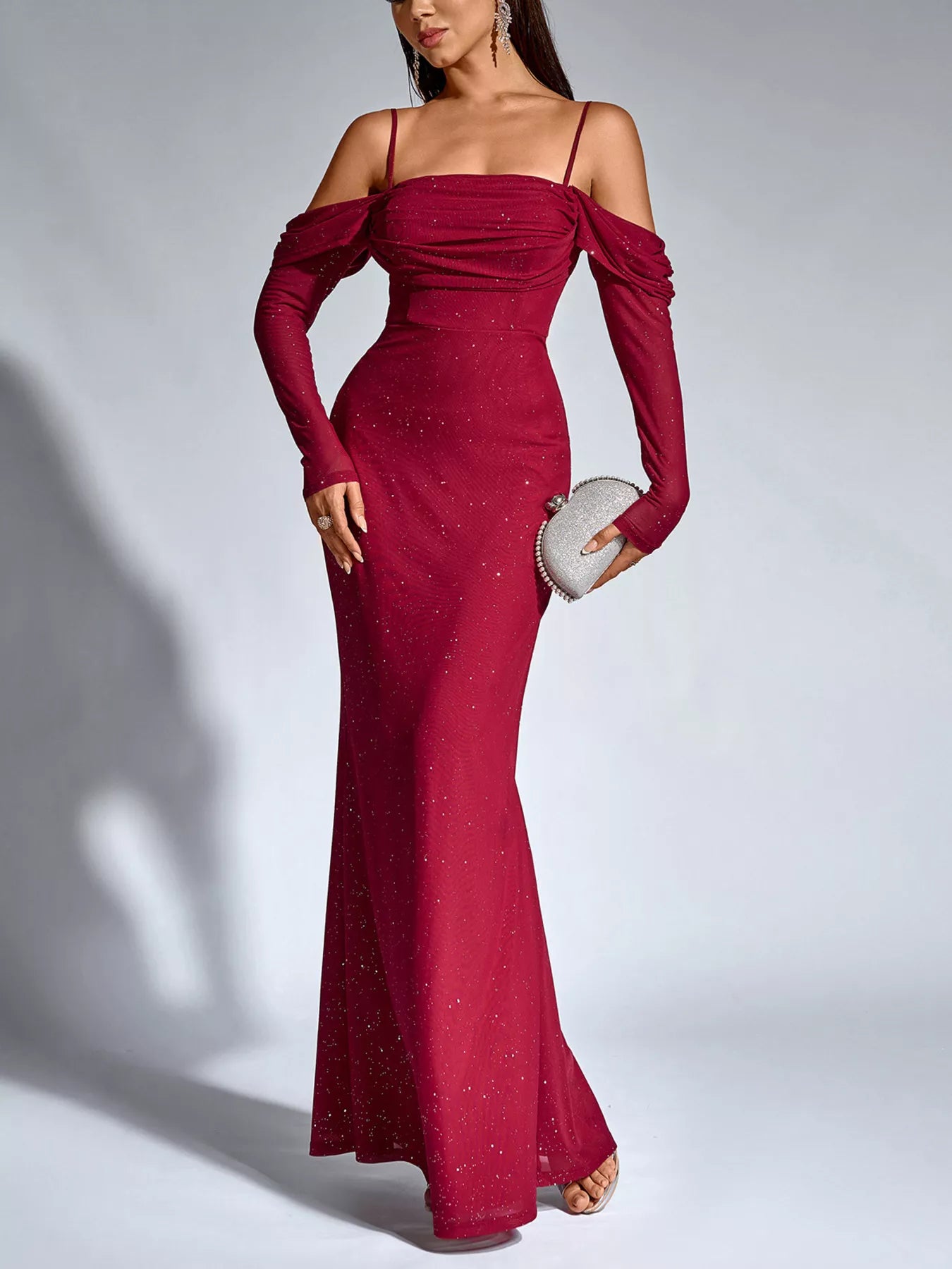 Glitter Ruched Long Sleeve Mermaid Maxi Dress-Nordavory