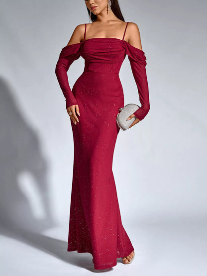 Glitter Ruched Long Sleeve Mermaid Maxi Dress-Nordavory