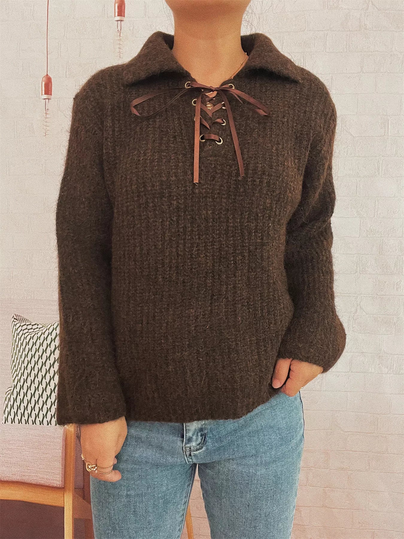 Lace Up Long Sleeve Sweater-Nordavory