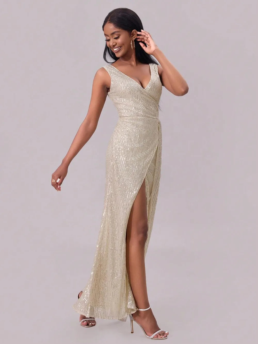 Slit Sequin Surplice Sleeveless Maxi Dress-Nordavory