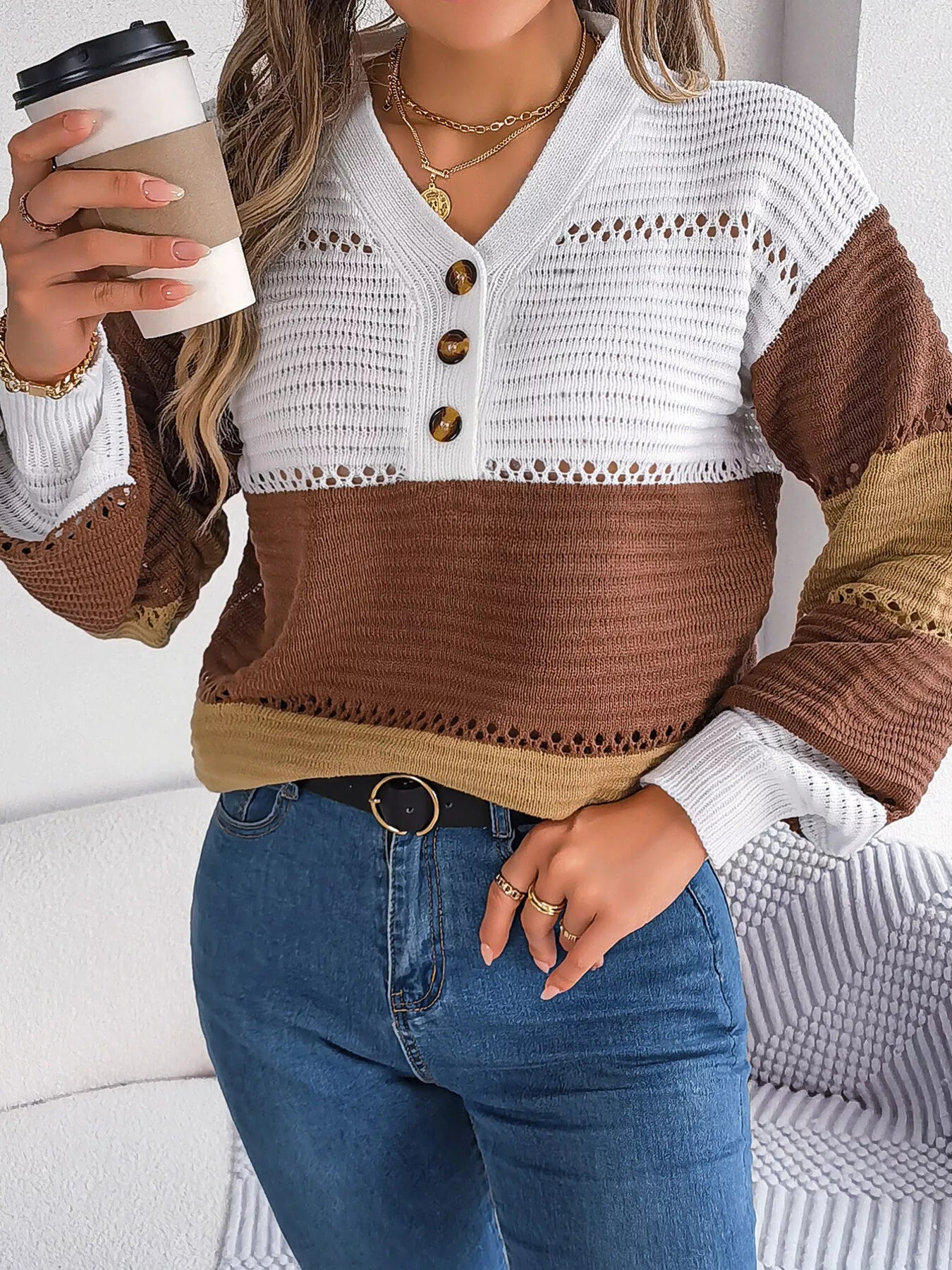 Color Block Striped V-Neck Button Detail Sweater-Nordavory