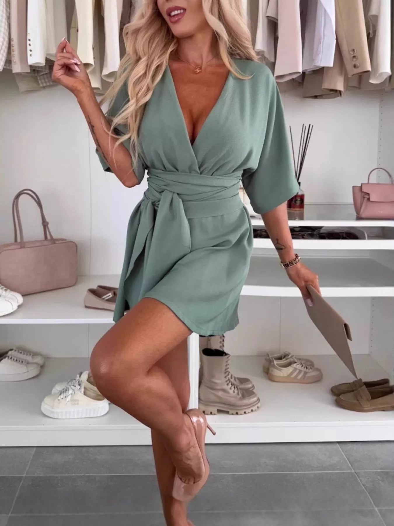 Full Size Surplice Tie Waist Romper Plus Size-Nordavory