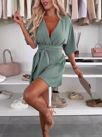 Full Size Surplice Tie Waist Romper Plus Size-Nordavory