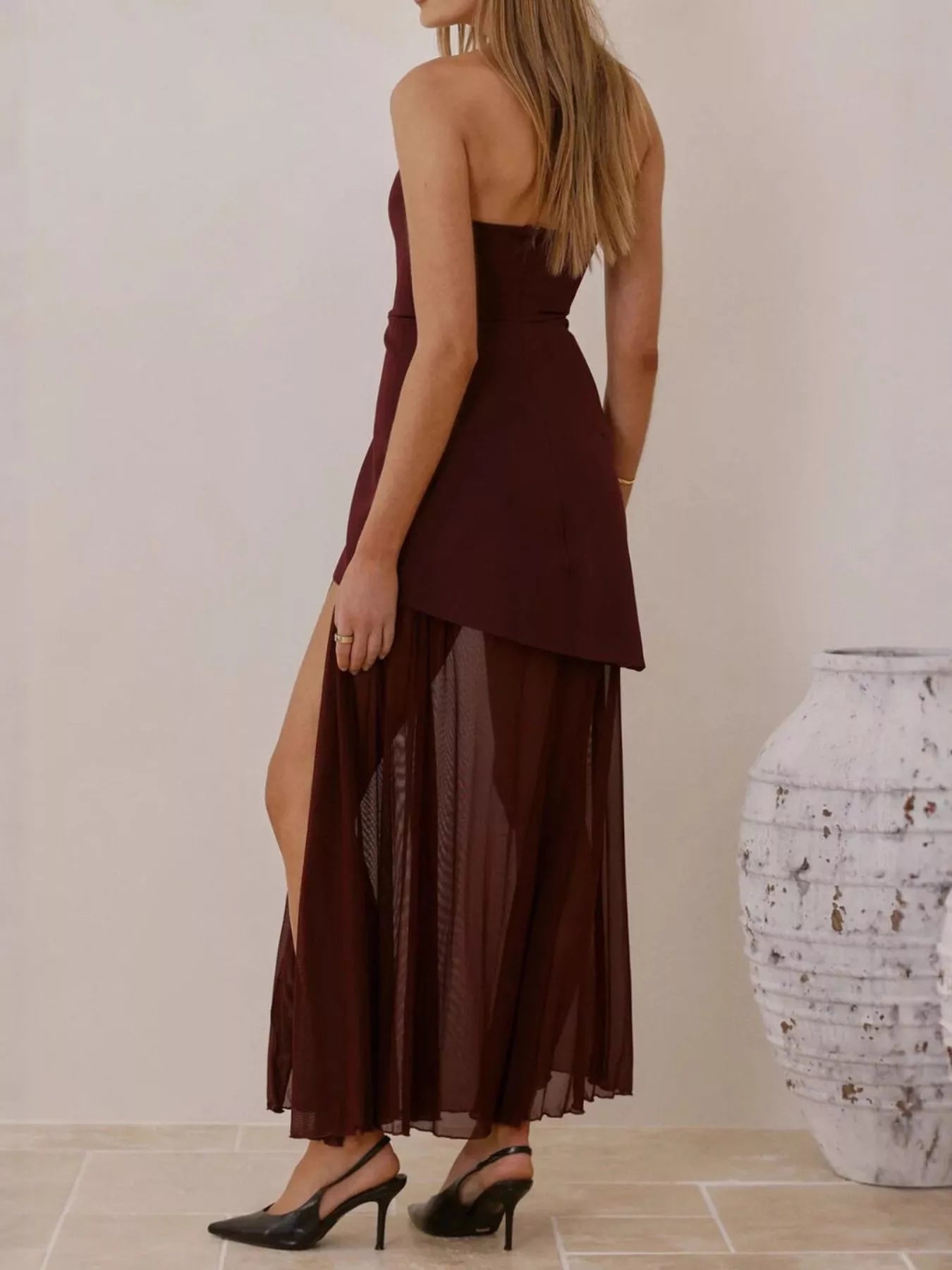 High Slit Mesh Tube Maxi Dress-Nordavory