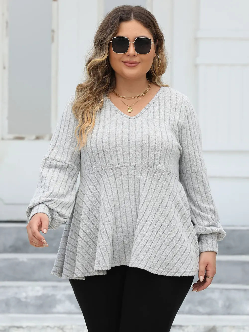 Plus Size Ribbed V-Neck Long Sleeve Blouse-Nordavory