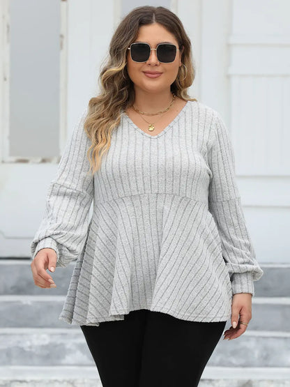 Plus Size Ribbed V-Neck Long Sleeve Blouse-Nordavory