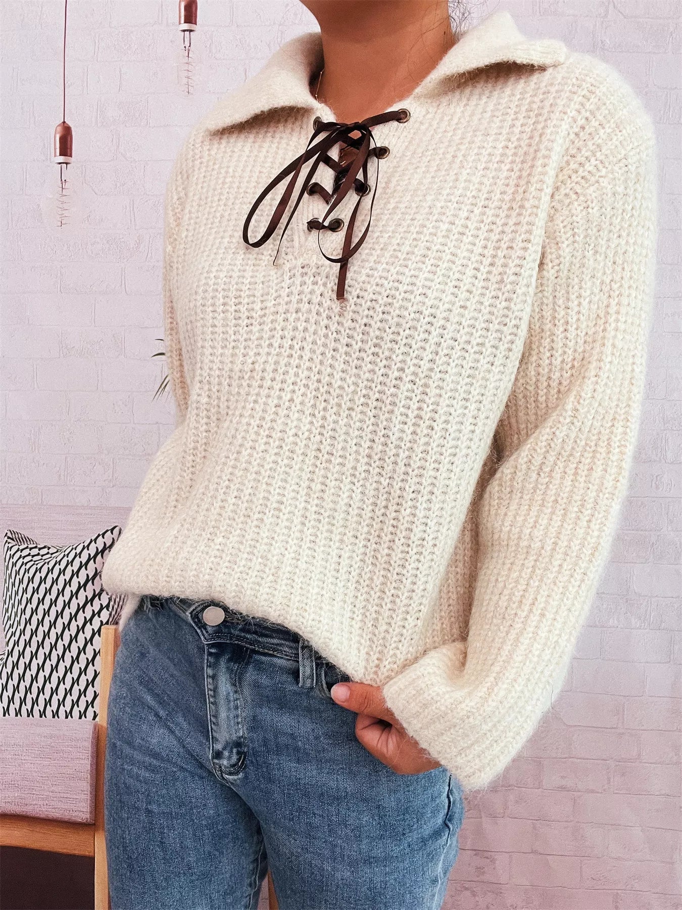 Lace Up Long Sleeve Sweater-Nordavory