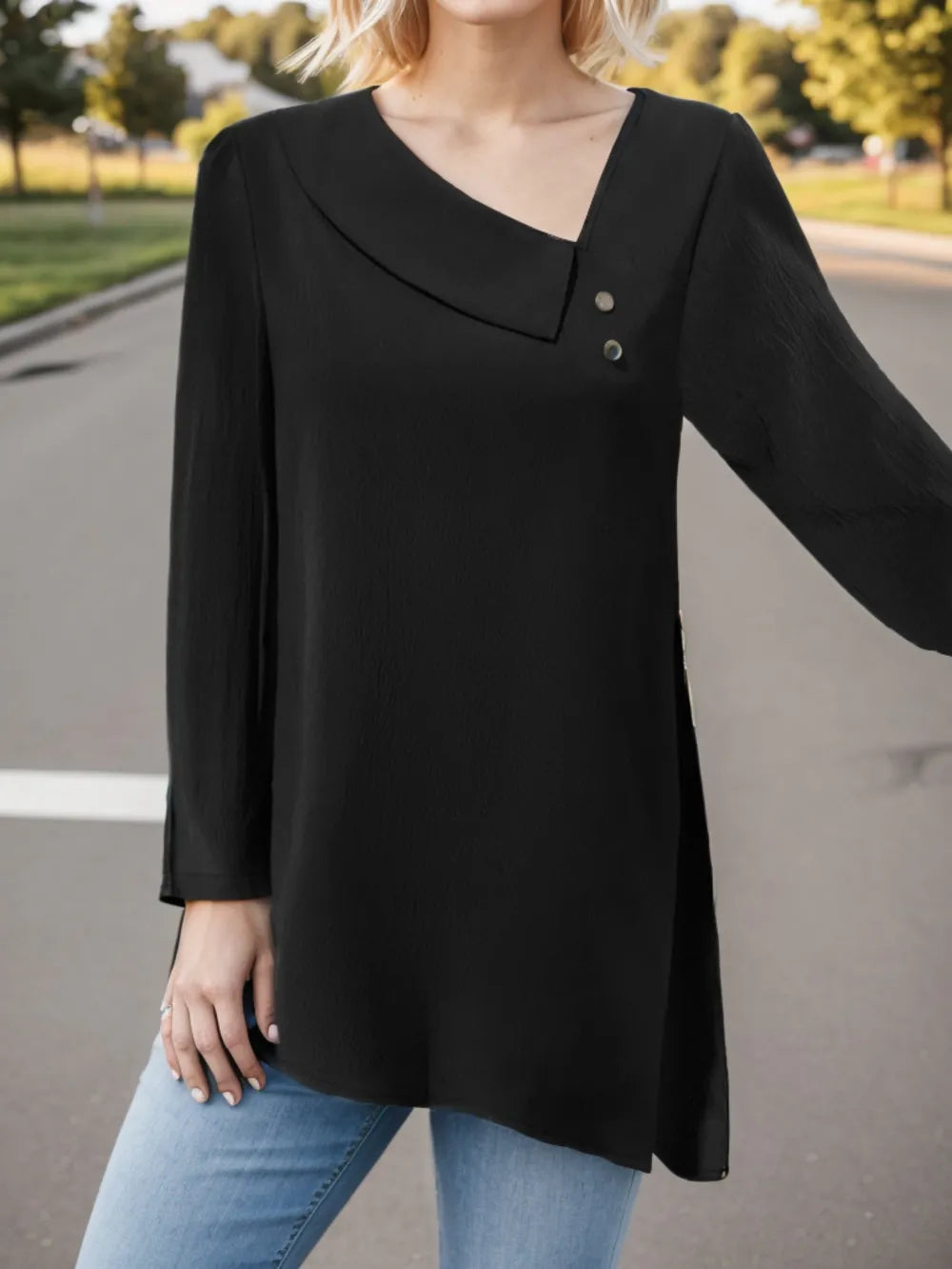 Asymmetrical Neck Long Sleeve Blouse-Nordavory