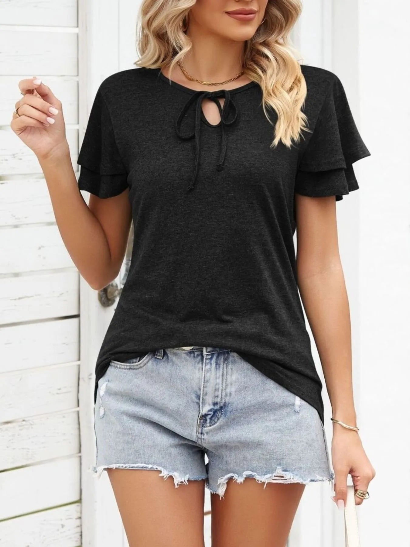 Ruffle Sleeve Keyhole Tie Neck T-Shirt-Nordavory