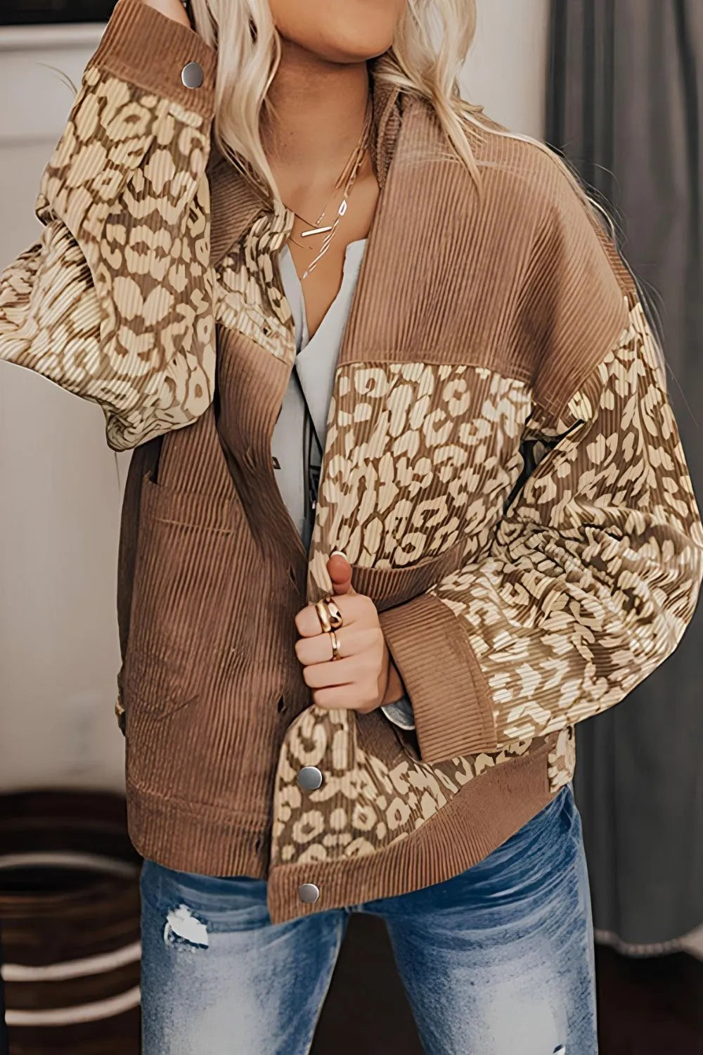 Leopard Button Up Drop Shoulder Jacket-Nordavory
