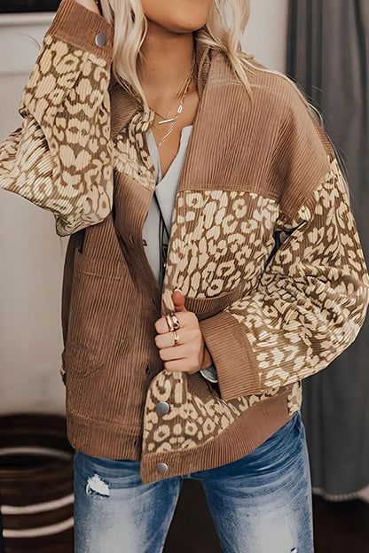 Leopard Button Up Drop Shoulder Jacket-Nordavory