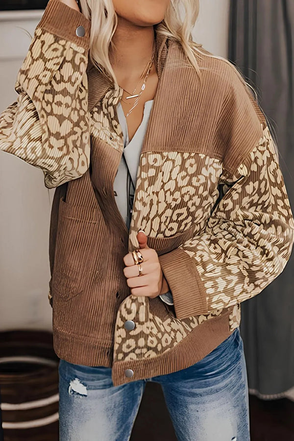 Leopard Button Up Drop Shoulder Jacket-Nordavory
