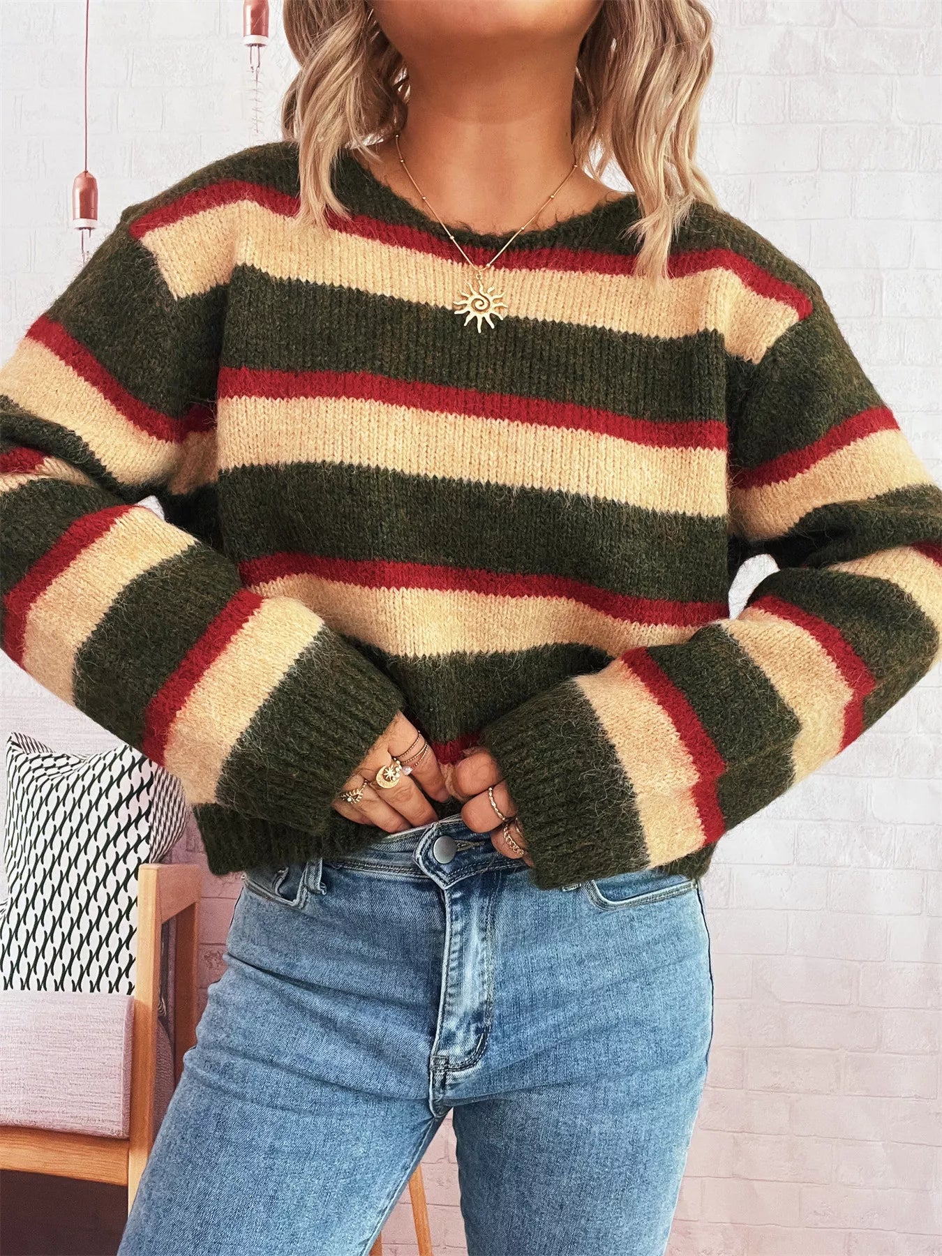 Striped Round Neck Long Sleeve Sweater-Nordavory