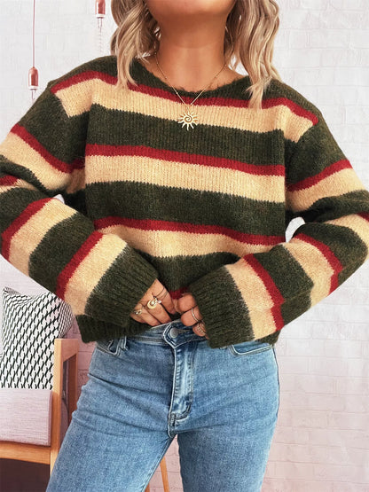 Striped Round Neck Long Sleeve Sweater-Nordavory