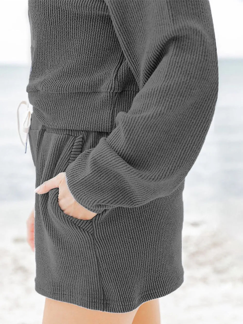 Ribbed Round Neck Long Sleeve Top and Shorts Set-Nordavory